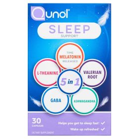 Qunol Sleep Support, 5 in 1 Non-Habit Forming Sleep Aid, Supplement with time-released Melatonin 5mg, Ashwagandha, GABA, Valerian Root, L-Theanine, 30 (Brand: Qunol)